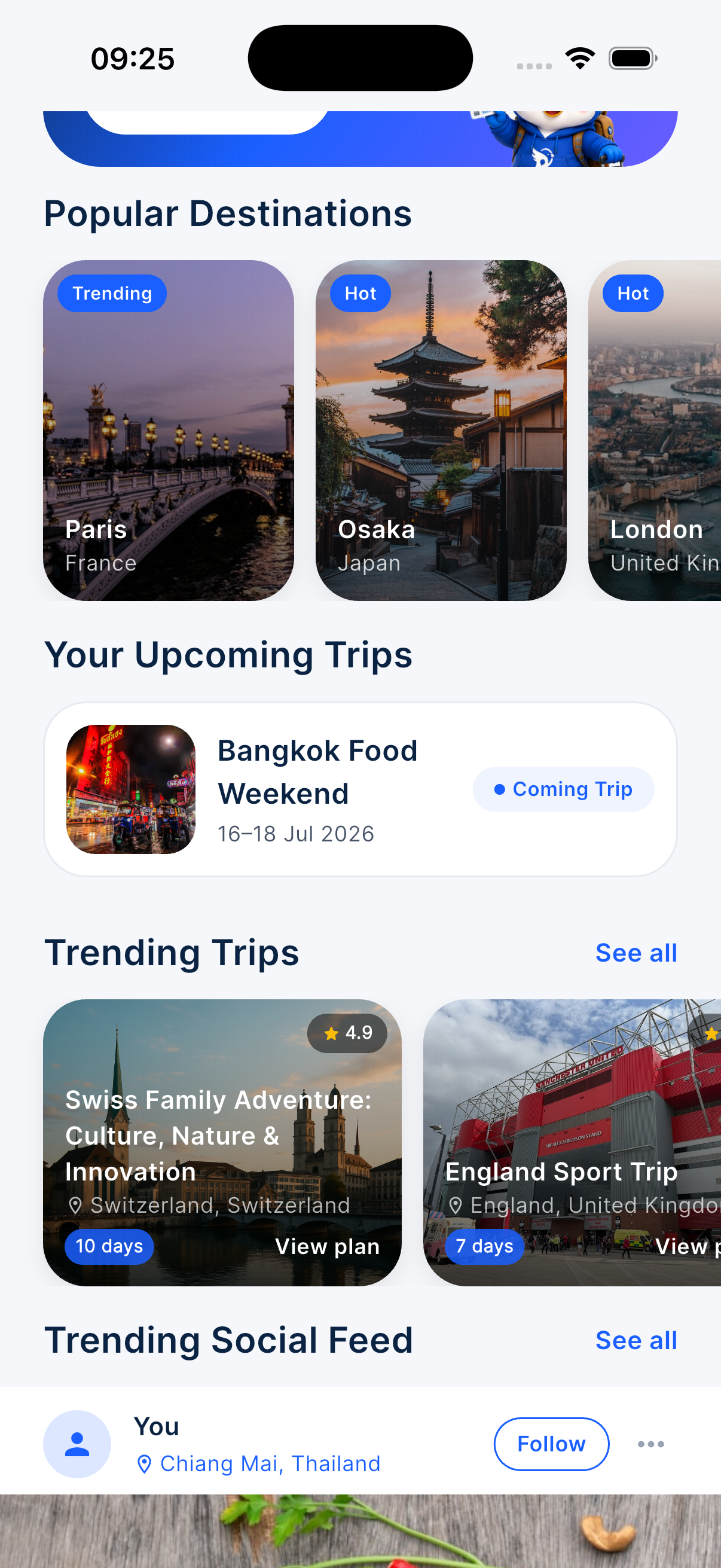 Remsee home discovery screen with destination cards and upcoming trips