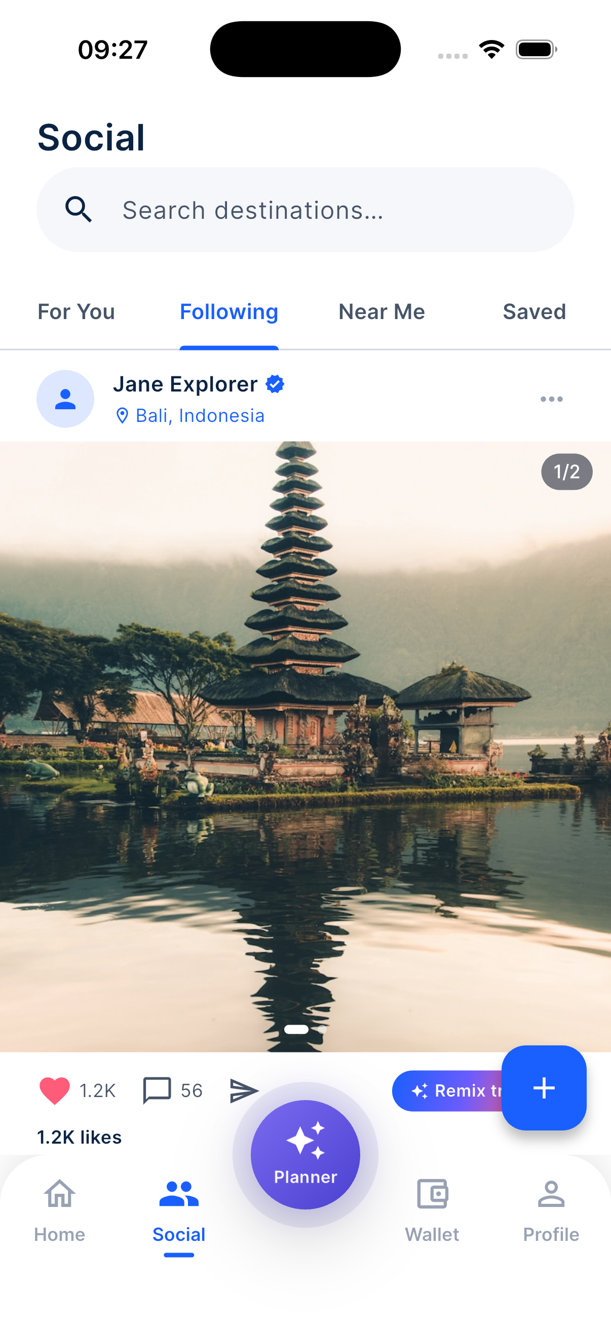 Remsee social feed screen with a Bali travel memory